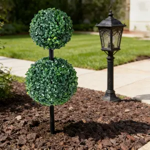 26.5" Artificial Double Boxwood Plant with Integrated Ground Stake (Indoor/Outdoor), UV Resistant Faux Potted Plants Fake Plants Artificial for Home, Garden, Patio, Balcony & Front Porch Decor