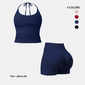 NVWA-Ladies' halter neck backless top and high-waist sports shorts, comfortable and breathable, high-waist tummy control, sports suit, summer clothing, gym wear sporty yoga set