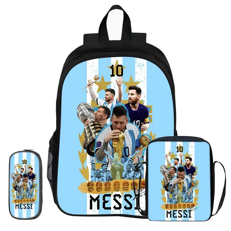 M-Messi 3Pcs Set Backpack Shoulder Bags Pencil Bags Bookbag Football Star Rucksack child Mochila Sports Schoolbag Kids Gift