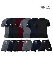 14pcs Men's Athletic Outfit Set - Quick-Dry Breathable T-Shirts & Elastic Waist Shorts with Pockets, Solid Color Sportswear for Gym, Running, Training Gym Apparel, Sleek Sporty Design, Moisturewicking Fabric