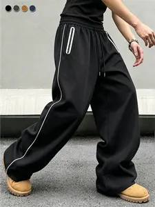 Men's Brown Wide Leg Track Pants Elastic Waist Drawstring Casual Streetwear Lightweight Loose Fit Daily Fashion Pants With Side Stripes Stylish Menswear