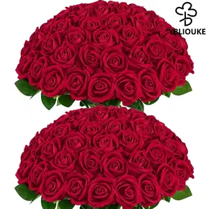 YBLIOUKE 50/100 Pcs Red Artificial Roses with Long Stems High-Quality Silk & Plastic for Valentine's Day Wedding Home Party Decor Vase Arrangement