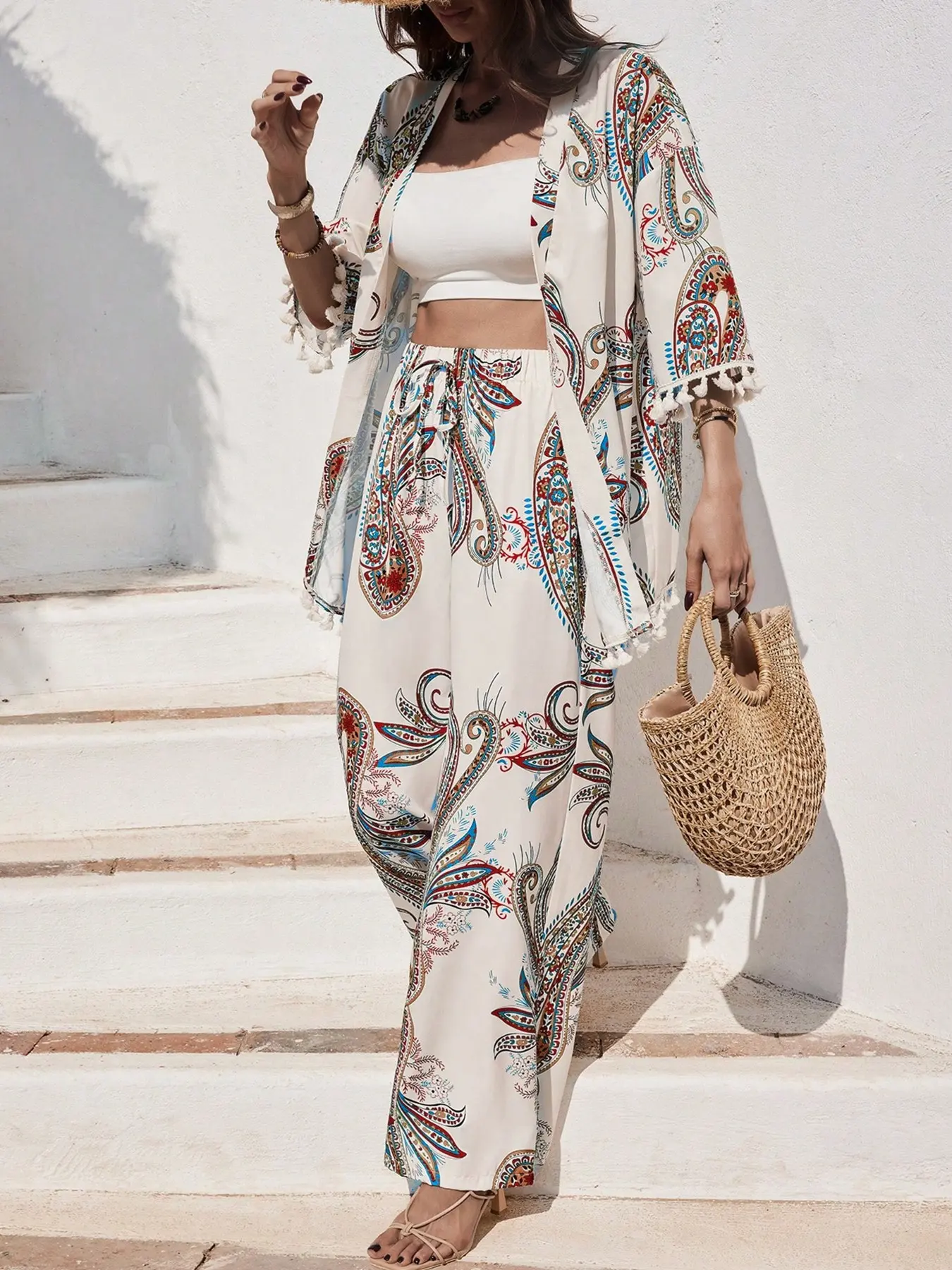 Women's Paisley Print Two-Piece Set (shirt + Pants), Perfect for Vacation and Casual Occasions, Stylish and Comfortable