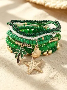 8-Piece Bohemian Summer Ocean Series Bracelet Set, Handmade Beaded Shell, Fringe, Pendant, Stretchy, Perfect for Beach, Parties, Gifts