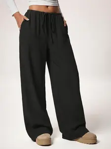 Women's Trendy Linen Blend Wide Leg Pants 2026 Y2K Retro Loose Fit High Waisted Drawstring Trousers Casual Streetwear Summer Daily Outfits Viral TikTok Favourite