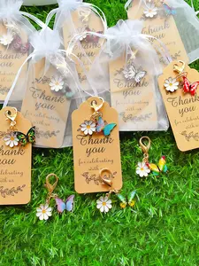 36pcs/Set Daisy Butterfly Keychains, Keychain Accessory, 12 Butterflies Keyring+12 Thank You Tag Card+12 Gift Bag,Lobster Clasp Flower Butterfly Pendant,Enamel Sunflower Butterfly Keyring for Backpack Handbag Accessories,Zipper Pull Charms,Gift for Her