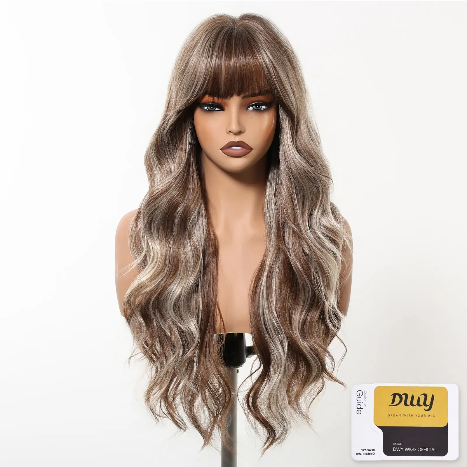 DWY Loni Plus Synthetic Wig, 24-Inch Long Wavy Light Brown Hair with Bangs for Women, Glueless Bionic Silk Top for a Natural Look & Everyday Wear, Wavy Synthetic Wigs, Glueless Wigs