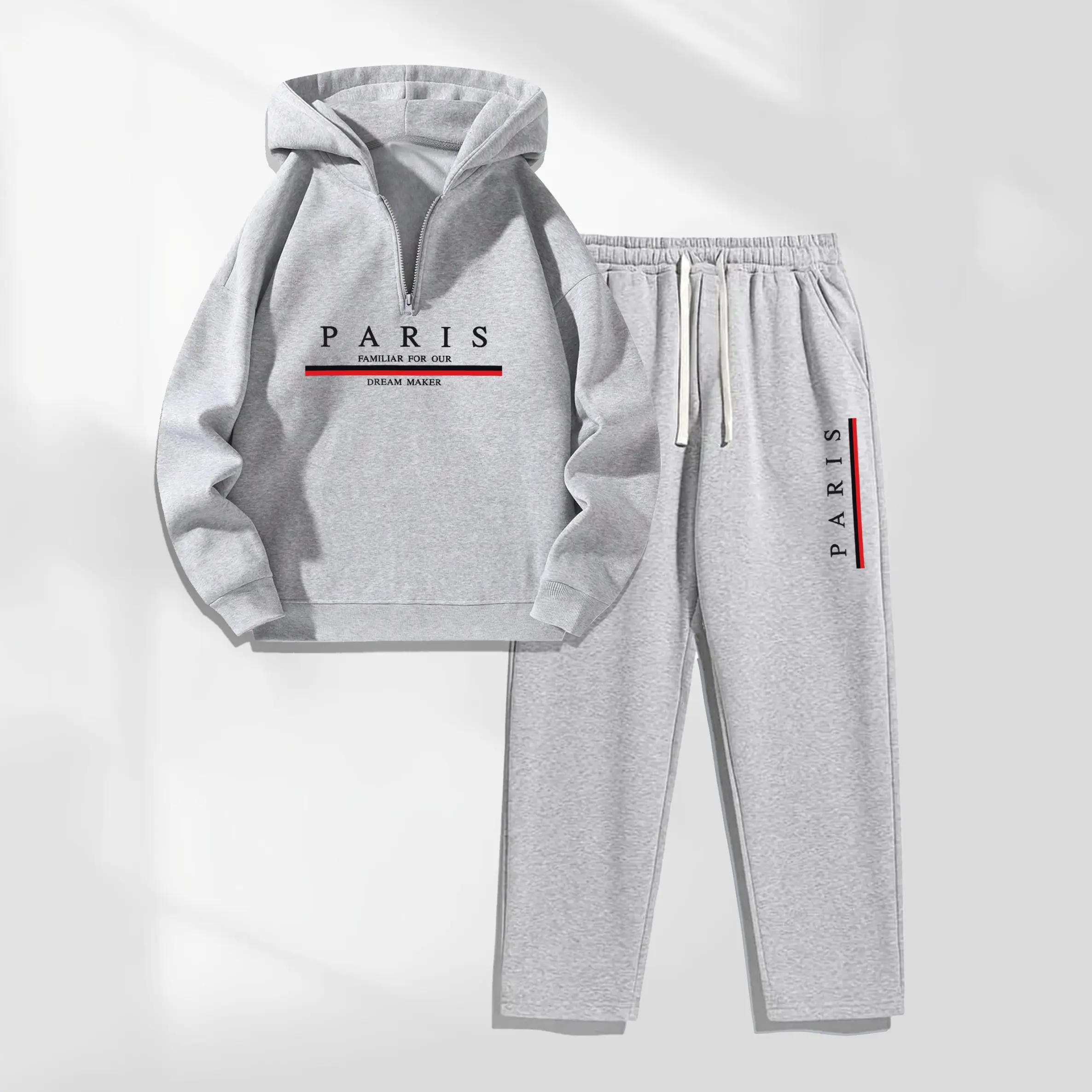 Men's Loose Fit Athleisure Set - Minimalist Letters Print Quarter Zip Hoodie and Pants, 2-Piece Polyester Workout Tracksuit, Athleisure Wear Set, Long Sleeve, Workout Gym Clothing