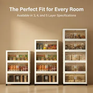 Multi-Tier Foldable Stackable Storage Cabinet with Dual Opening Magnetic Doors & 360° Lockable Wheels, Collapsible Plastic Organizer with Top & Side Opening, Tool-Free Assembly, Stackable Rolling Storage Unit for Bedroom, Kitchen, Bathroom, Beige