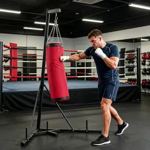 17-Hole Adjustable Punching Bag with Stand, Dual Height Setting Steel Frame Freestanding Boxing Bag, Rust-Proof Canvas Sandbag for Home Gym Kickboxing MMA