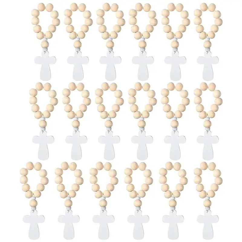 Wooden Baptism Rosary Set with White Organza Bag | Cross Beaded Prayer Kit for Christening Favors & Catholic Baby Gifts