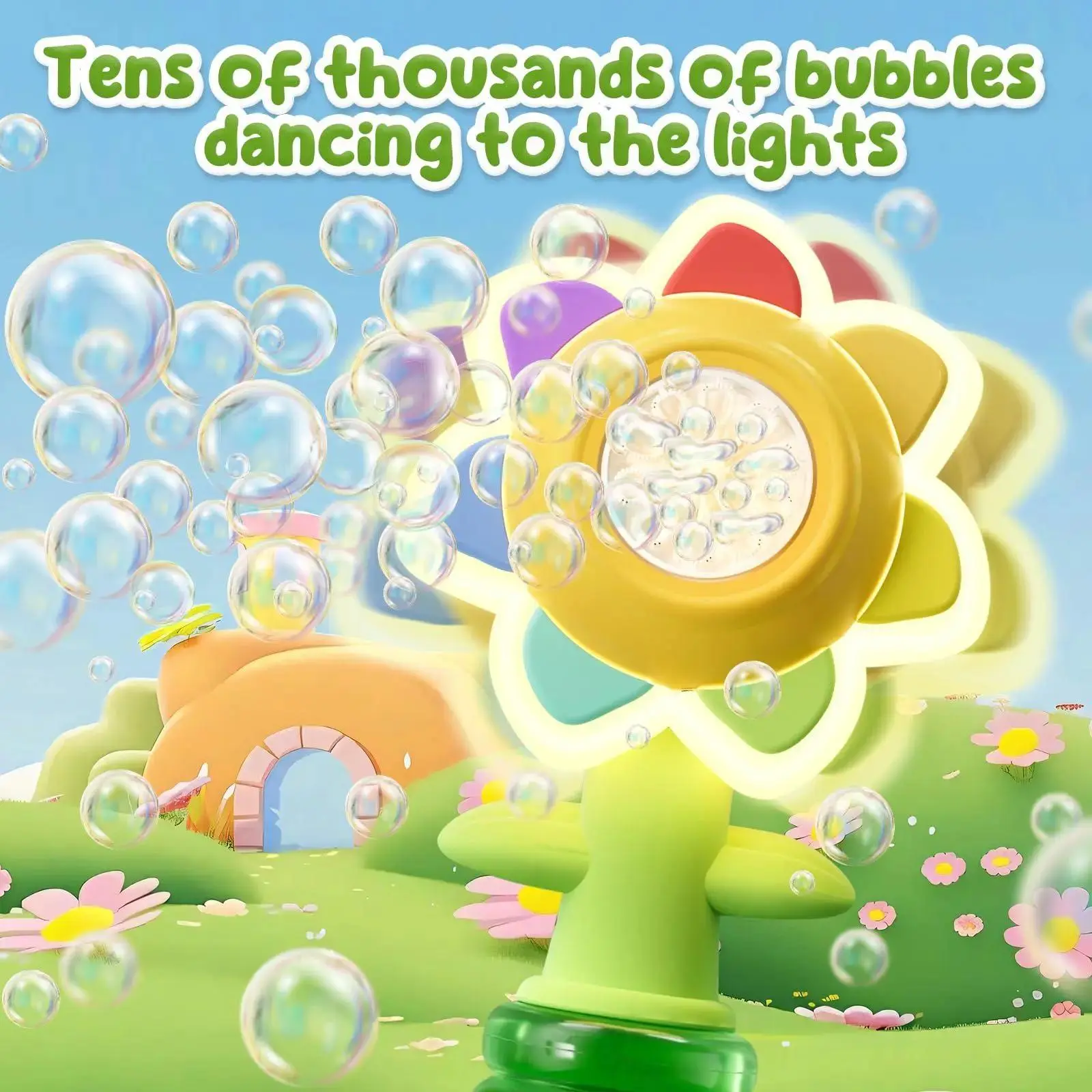 7-Color Sunflower Bubble Machine, Portable Handheld Bubble Maker with Night Light, USB Rechargeable High Output Bubble Toy for Kids Adults, Summer Indoor Outdoor Party Birthday Wedding Gift