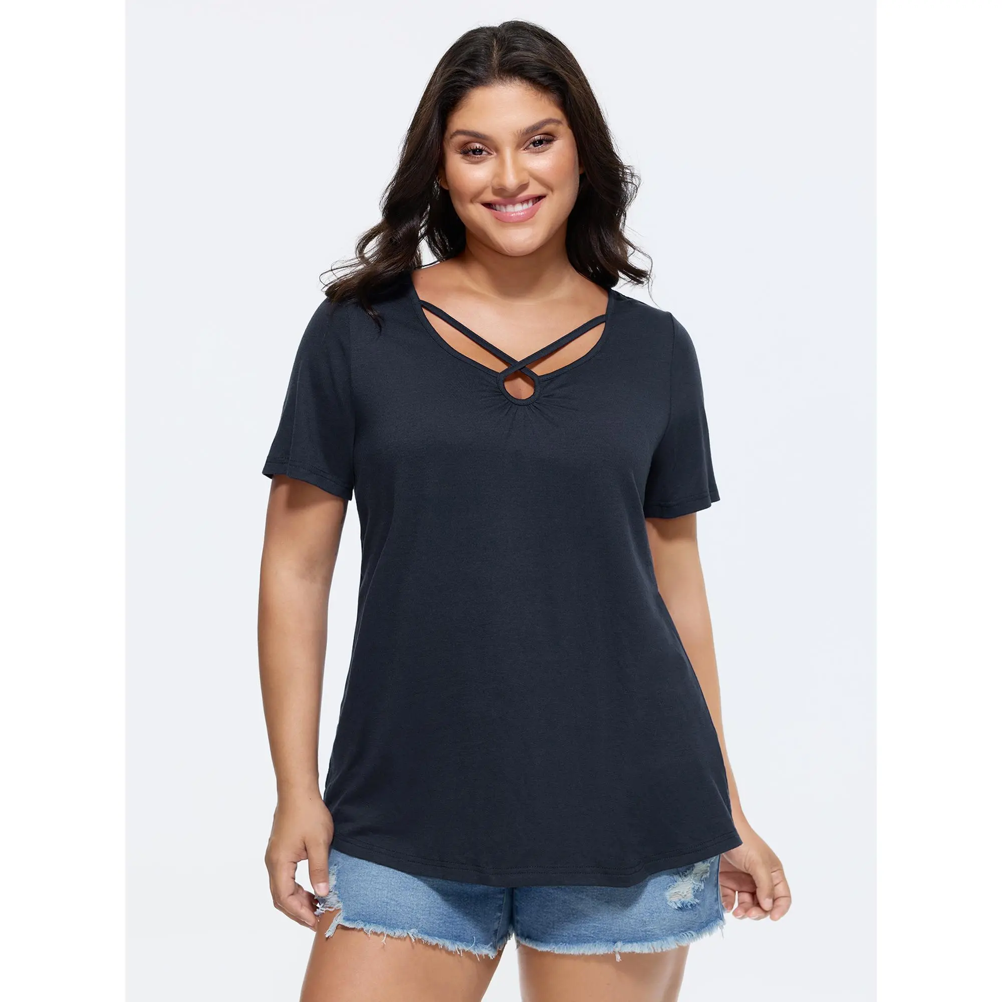 BLOOMCHIC Women's Plus Size Short-Sleeve T-Shirt - Supersoft Spandex Blend, Cut-Out Neck, Minimalist Plain Casual Fit, M-6X Sizing,Summerfinds, Shortsleeve