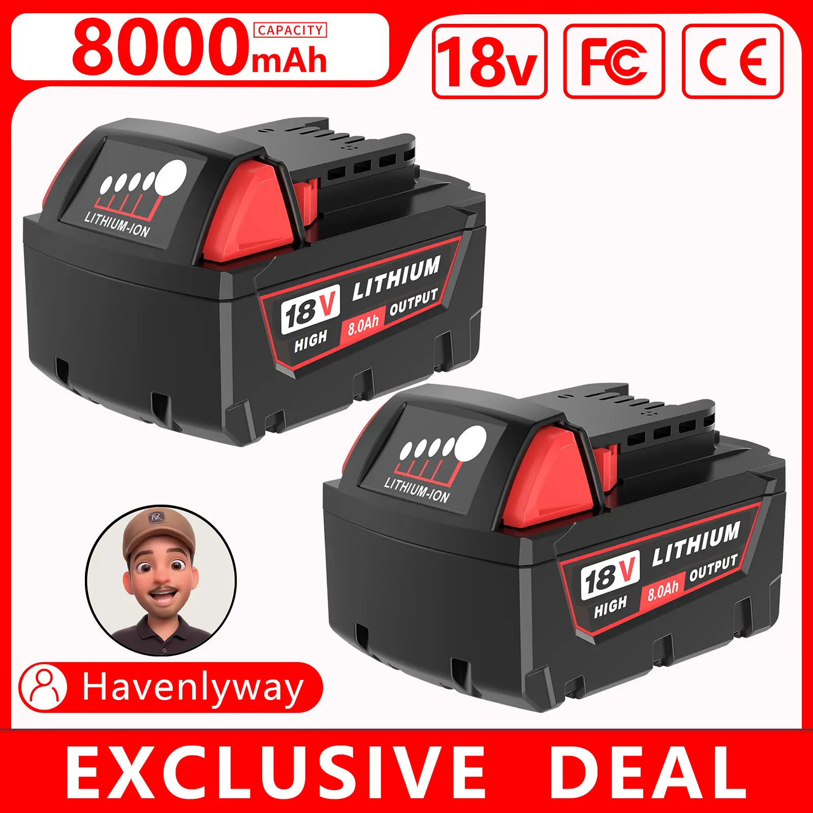 2Packs 18V 8.0Ah Replacement Battery for Milwaukee M-18 48-11-1865 48-11-1850 Cordless Tools Compatible Lithium-ion 8000mAh m-18 #fathersdaygift Heavy Duty