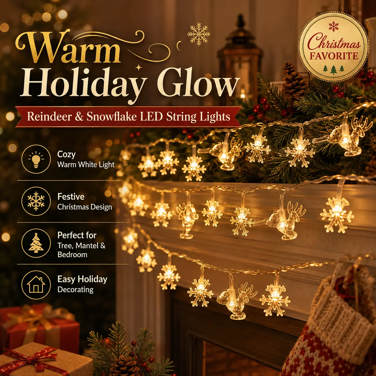 Christmas Reindeer & Snowflake LED String Lights, Warm White Holiday Fairy Lights for Christmas Tree Mantel Window Bedroom Party Decorations, Cozy Xmas Home Decor Lighting