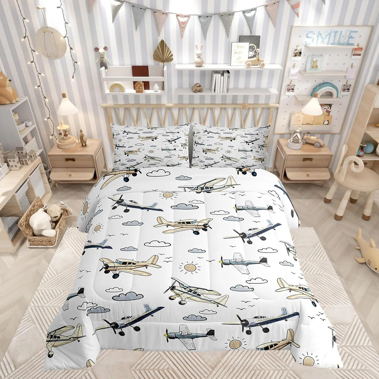 Kids Airplane Kids Comforter,Toddler Cartoon Plane Bedding Set for Teens Youth Children Men,Boys Teens Airplane Reversible Quilt Set,Aviation Theme Bedding Comforter Set