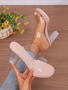 Elegant Transparent Square Toe Chunky Heel Women Flatform Sandals, Silver Color Waterproof Platform Crystal Heels, Sexy High Heel Slip-On Slippers