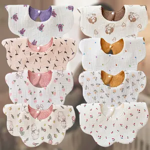 MUSBUY 8-Pack Waterproof Baby Bibs Organic Cotton Muslin Soft Absorbent Unisex Reversible Cartoon Prints Full-Circle Safety Snap Gift for Drooling & Teething - Cute
