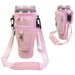 40oz Car Cup Sleeve with Adjustable Strap, Neoprene Insulated Cup Holder with Handle, Cold Touch Tumbler Sleeve for Water Bottle