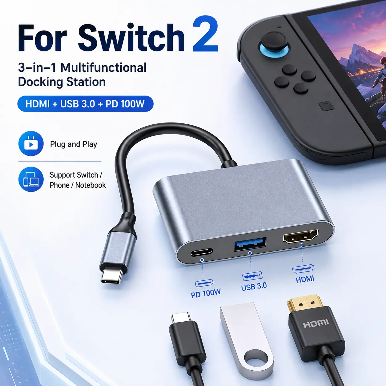 RUNTOGOL 3-in-1 USB-C Adapter Multiport for Switch 2 & Steam Deck - 4K HDMI Video Out, HDR Support, 100W Max PD Charging Solution, USB 3.0 Port, Portable Aluminum Alloy Build, Manufacturer Warranty