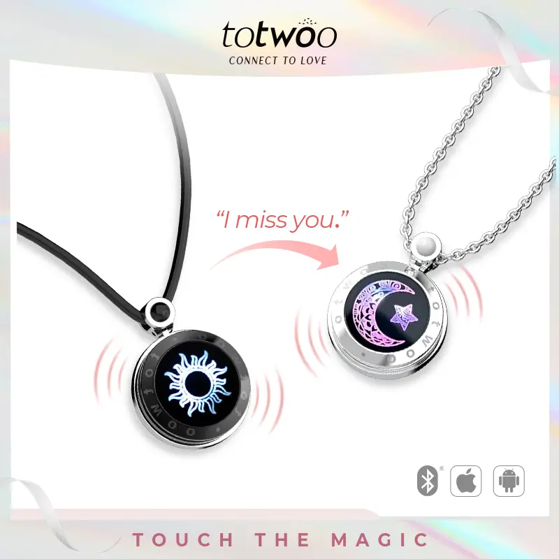 totwoo Sun&Moon Touch Necklaces Long Distance with Natural Agate Set for Two Functional Love Connect Gift For Boyfriend or Girlfriend or your Famila