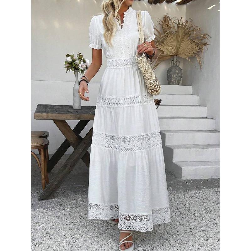 Women's Solid Color and V-neck Short-Sleeved Lace Skirt Dress White Dress for Summer 2025 Elegant Fabric Embroidery Fit High Waist Womenswear