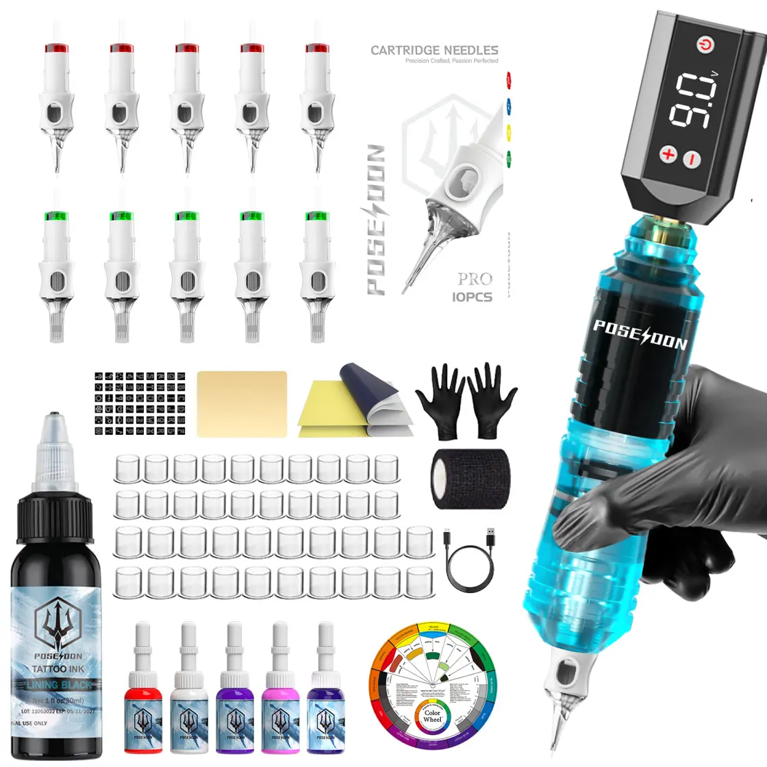 POSEIDON Blue Practice Pen Kit – Wireless Pen Device with Practice Cartridges & Synthetic Practice Skin beginner artist kit, linework practice, shading practice kit, practice cartridge needles, synthetic skin practice,