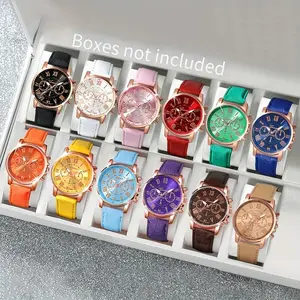 Colorful Country Style Women's Quartz Watch Set in Candy Colors, 10/12/14 Piece Roman Scale Collection for Fashion Lovers, Exquisite Watch Set