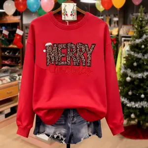 Cherrybetty Leopard Merry Christmas Embroided Long Sleeve 100%Cotton Sweatshirts Womenswear Tops  Women Crewneck Sweatshirt Christmas Sweatshirt Oversized Sweatshirt