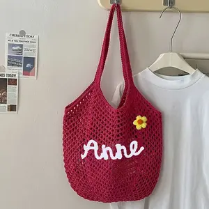 1Count 1count Handmade Personalized Name/Initials/Text Handbag - Cusm Braided Rope Label Beach Bag Suitable for Wedding Favors, Bridesmaid, Bachelorette Party, Travel for Women, Bag with Strap, Mother's Day