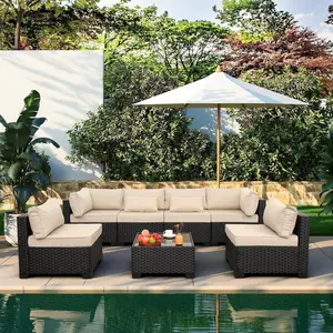 7 Piece Patio Wicker Sectional Furniture Set, Outdoor Sofa Couch with Glass Table, Comfortable Non-Slip Cushions and Protective Furniture Cover, Durable All-Weather Design for Yard Terrace Outdoor Living Space