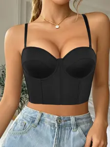 Women's Push-Up Shapewear Full Figure Supportive Seamless Strapless Longline Bra, Underwire Wide Anti-Slip Underband, Detachable Adjustable Straps, Solid Color, Elegant, Medium, Skin-Fit, Comfort Breathable, Valentine's Day, Everyday Wear