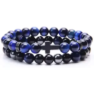 Natural Stone Cross Bracelets for Men, 8mm Blue Tiger Eye Black Obsidian Hematite Beaded Bracelet Set, Healing Crystal Spiritual Grounding Protection Talisman Jewelry Gift for Husband Boyfriend