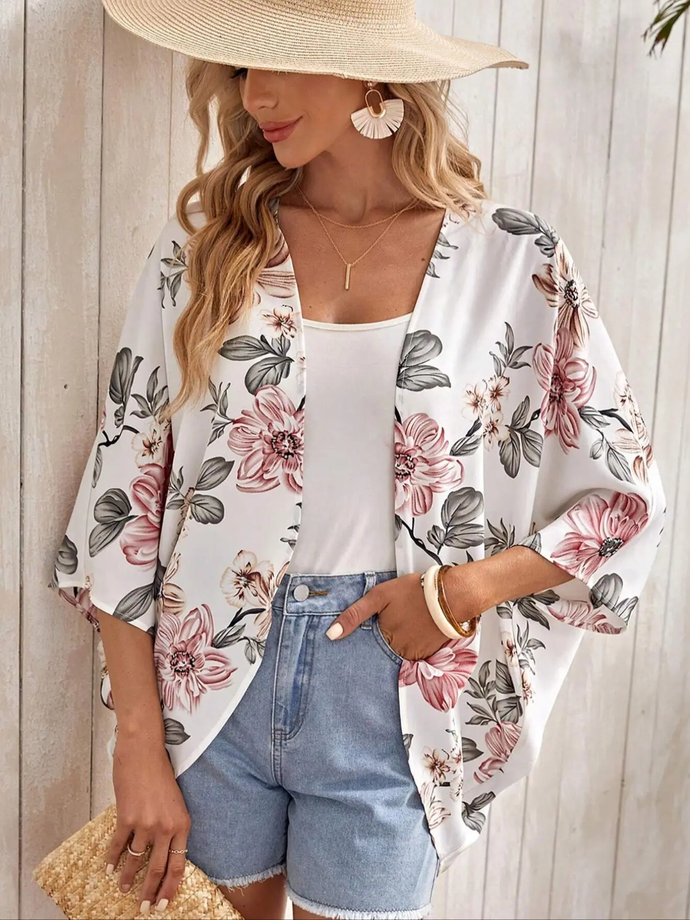 Women's Floral Print Boho Batwing Sleeve Open Front Blouse, Casual Loose 3/4 Sleeve Top for Summer, Women's Clothing for Daily Wear, Shirts, Boho Chic Floral, Bohemian, Casual Loose Tops