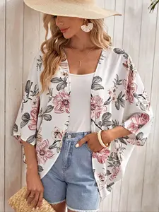 Women's Floral Print Boho Batwing Sleeve Open Front Blouse, Casual Loose 3/4 Sleeve Top for Summer, Women's Clothing for Daily Wear, Shirts, Boho Chic Floral