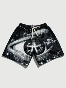 Popular eye print shorts for both men and women, black shorts for men's casual pants, outdoor beach pants, party nightclubs, 2026 new shorts, European and American street fashion trendy brand sports shorts, black Y2K style eye pattern