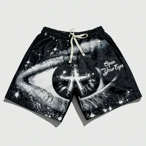 Popular eye print for both men and women, black shorts for men's casual pants, outdoor beach pants, party nightclubs, 2026 new shorts, European and American street fashion trendy brand sports shorts, Drawstring casual shorts, black Y2K style eye pattern