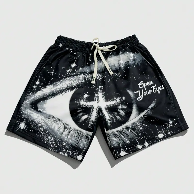 Popular eye print for both men and women, black shorts for men's casual pants, outdoor beach pants, party nightclubs, 2026 new shorts, European and American street fashion trendy brand sports shorts, Drawstring casual shorts, black Y2K style eye pattern