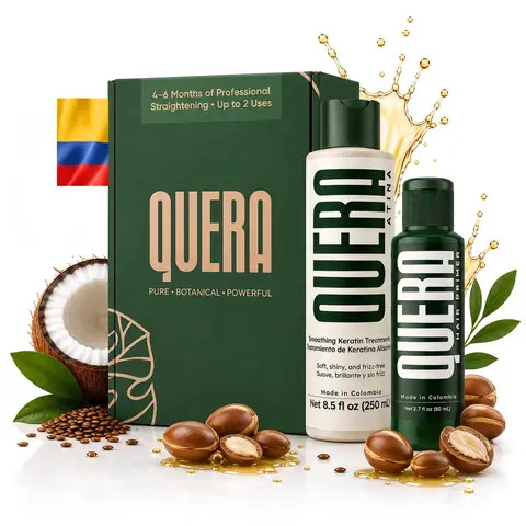 QUERA Vegan Keratin Treatment Kit – Formaldehyde-Free Hair Smoothing & Straightening at Home | Keratina Vegana Sin Formol | Pre-Shampoo + Shampoo + Keratin, Cherry Scent, Chamomile Anti-Frizz for Frizzy, Dry Hair