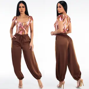 High Drawstring Waist Satin Jogger Pants Brown