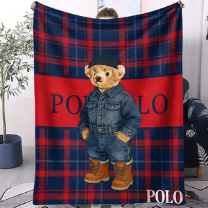 Grid pattern teddy bear printed blanket, Soft Warm Blanket, suitable for all seasons, suitable for beds, sofas, cars, room decorations, and gifts, suitable for children or adults, Plaid pattern blanket