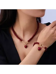 Korean Japanese Style Pearl Jewelry Set for Women 2 Piece Necklace and Bracelet Matching Luxury Minimalist Heart Locket Chain Elegant Gift