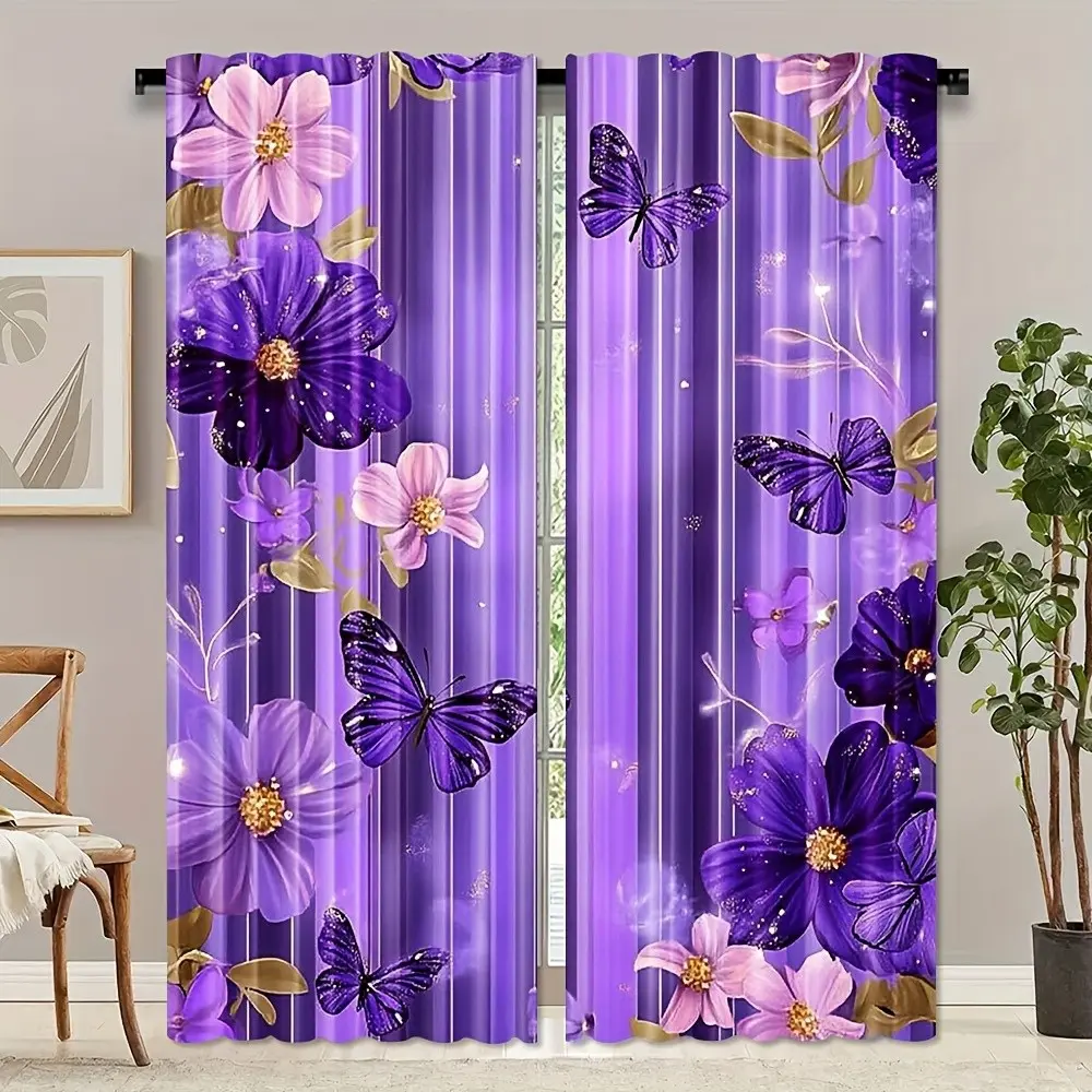 Flower Butterfly Curtains Set of 2, Translucent Polyester Fabric, Rod Pocket Design, Home Decoration Curtain, Ideal for Bedroom Living Room Glass Door, Window Curtain