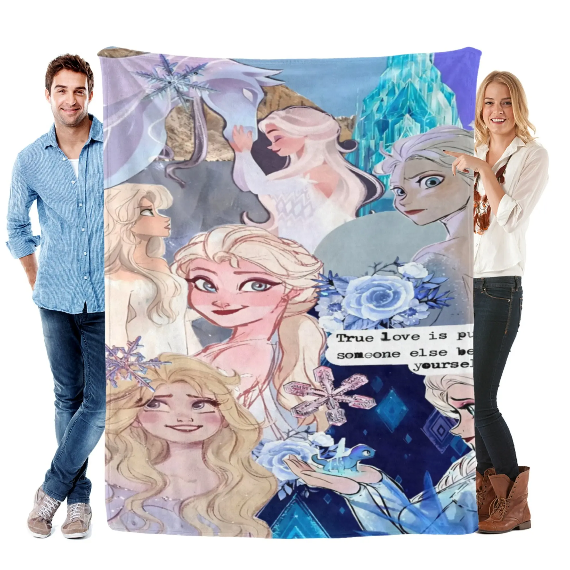 Disney Princess Elsa Super Soft Fleece Blanket - Icy Blue Scrapbook 2D Printed Comfy, Fluffy Cozy Throw, Printed Blanket for Room Decor & Gift, Comfy Blankets, Blanket Gift