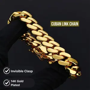 Signature Miami Cuban Chain 10/14mm Stainless Steel 14K Gold Plated Flat Polished Hidden Clasp Lightweight Oversized Visual Hip Hop Streetwear Jewelry 7.5-30"