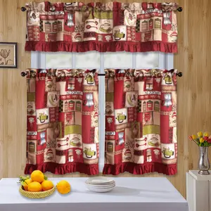 Kitchen Curtains Tiers & Valance Set 3pcs, Farmhouse Patchwork Print with Ruffle Trim, Semi Sheer Light Filtering Drapes for Bathroom/Kitchen Foldable Colorful Room Divider living Transparent Leaf