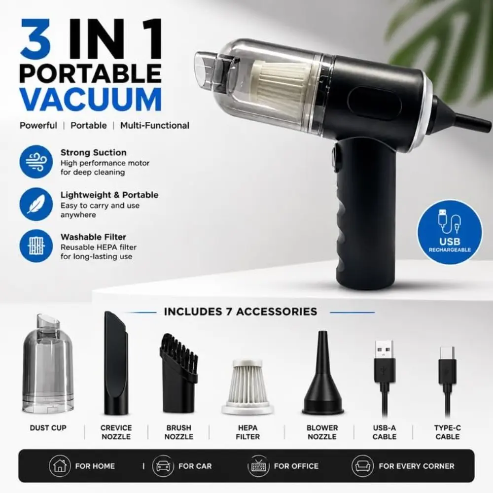 3 In 1 Portable Car Vacuum Cleaner, Handheld Wireless Vacuum, USB Rechargeable Mini Vacuum, Air Blower & Dust Collector for Car Home Office Corner Cleaning