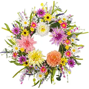 22 Inch Artificial Spring Floral Wreath for Front Door, Spring Summer Wreath with Dahlia Daisy Flowers for Indoor Porch Wall Easter Spring Holiday Celebrations
