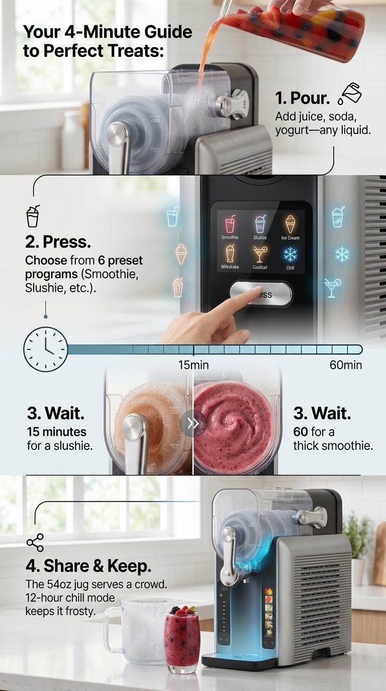 Compact Dual-Function Slushie Machine for Home - No Ice Needed Frozen Drink Maker with 6 Preset Modes, Adjustable Hardness, Automatic Cleaning, 1-Touch Dispensing, High Yield, Outdoor Party Use, Ice Cream Capability, Smart Presets, Countertop Design