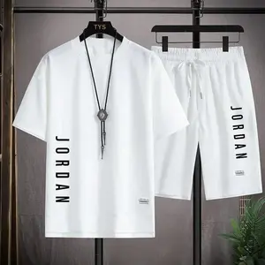 Stylish casual T-shirt + Shorts set Men's sports Loose comfortable low  2025 men's summer Waffle suit Gamis Clothes Menswear Formal 7_White Crewneck